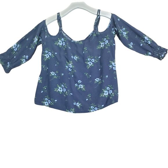 AMERICA‎ EAGLE Womens Top XSmall Cold Shoulder Floral Long Sleeve Blue Ruched - Picture 3 of 9